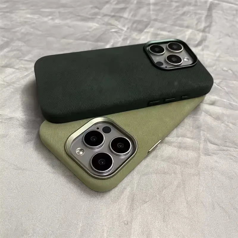 Flannel magnetic suction phone case in plaid pattern for iPhone, available in gray colour