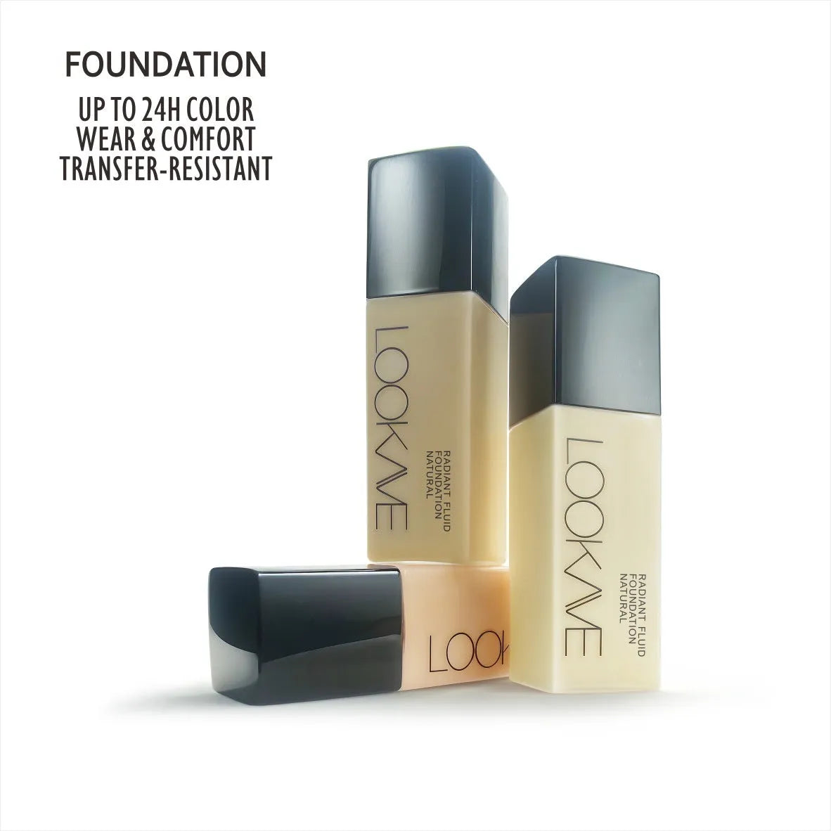 LOOKAVE matte liquid foundation bottle showing ivory white colour with six shade options LK63C-01 to LK63C-06