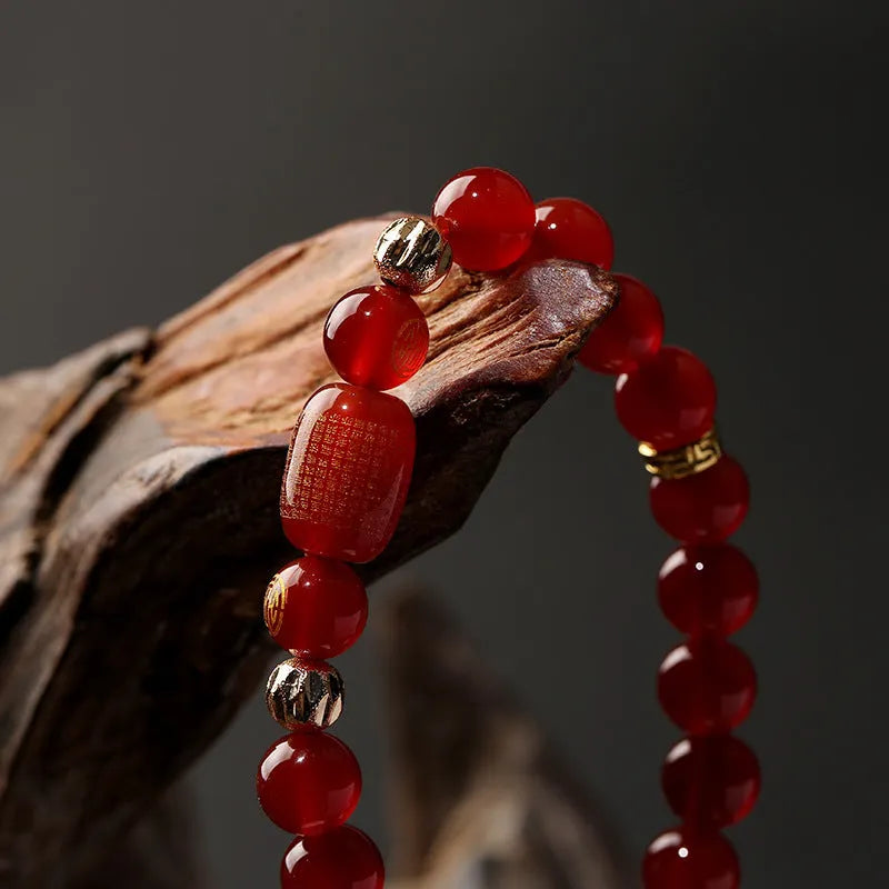 New Chinese Style unisex agate bracelet with Guanyin bead and auspicious patterns in green or red.