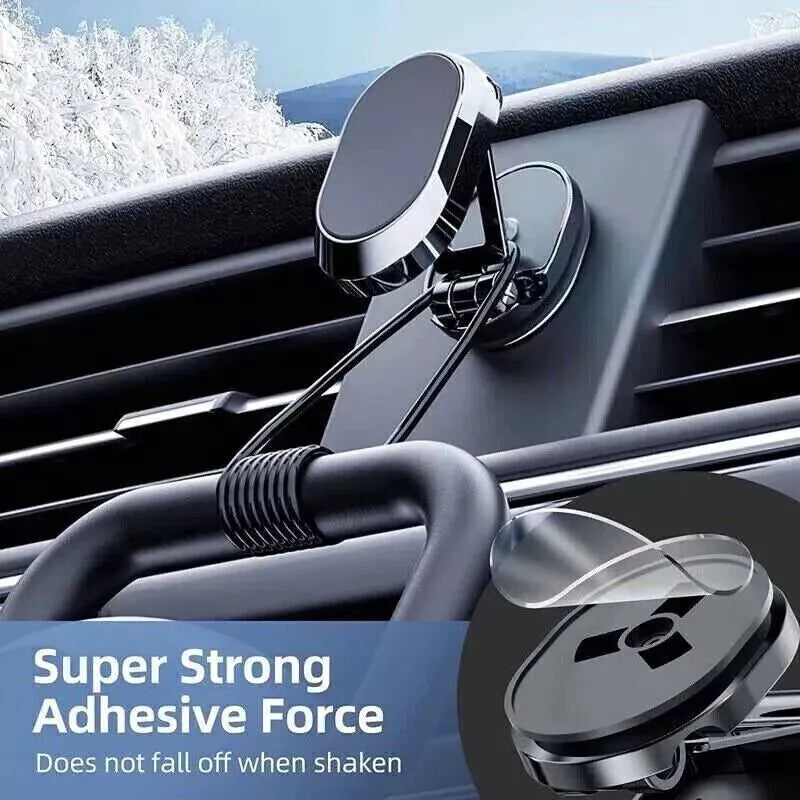 Chrome alloy folding magnetic car phone holder with 360-degree rotation on dashboard
