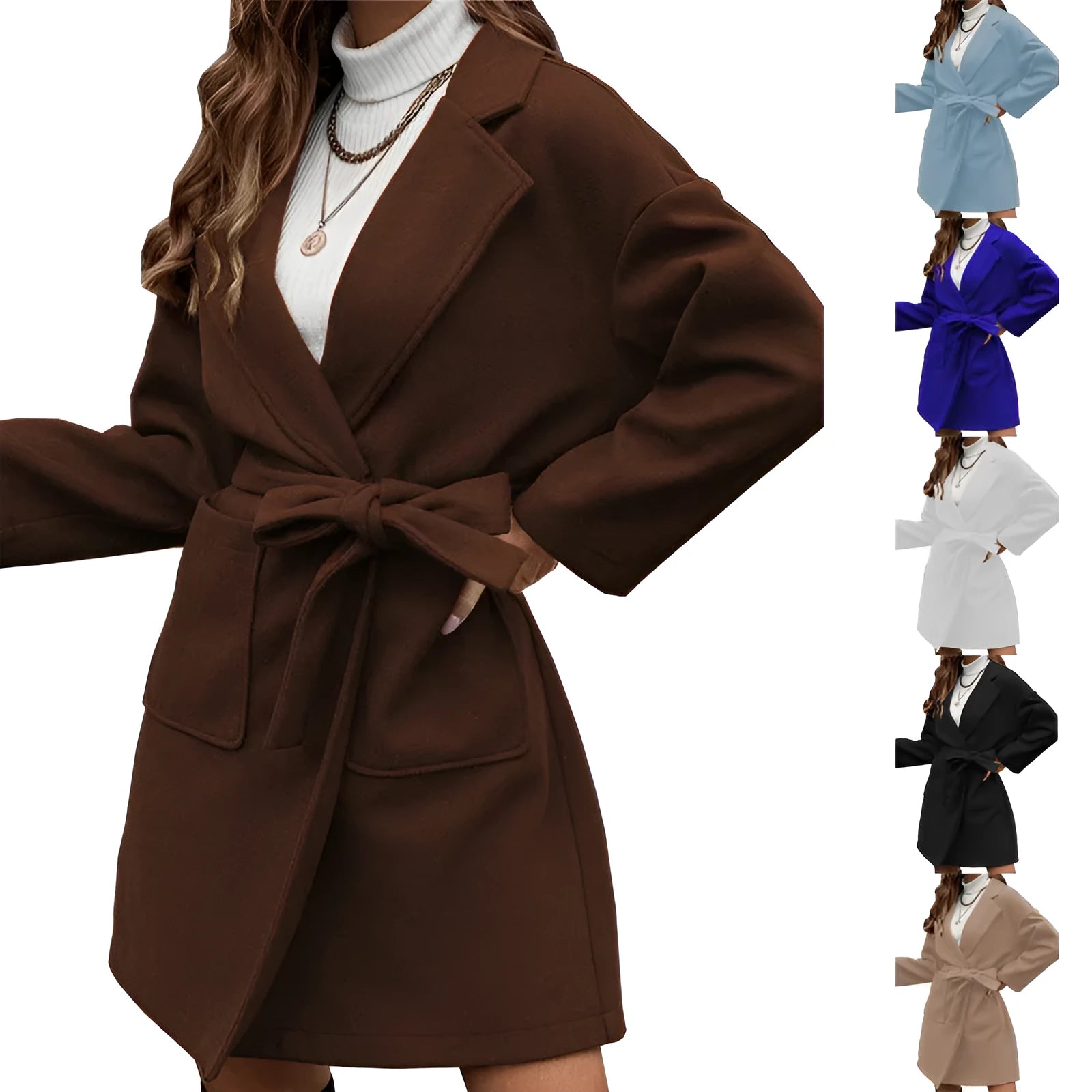 Long sleeve belted coat in thick polyester fabric shown in a loose fit on a model.