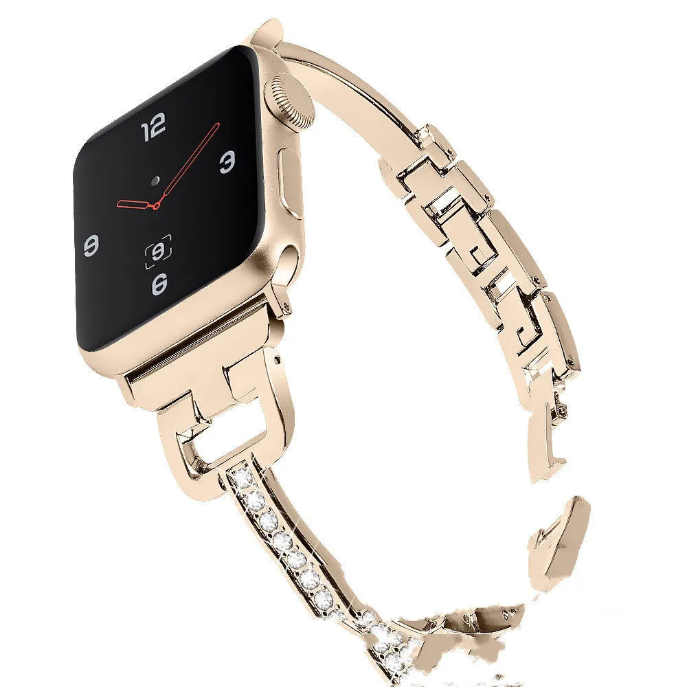 Apple Watch compatible smart watch with metal diamond-pattern strap in silver colour