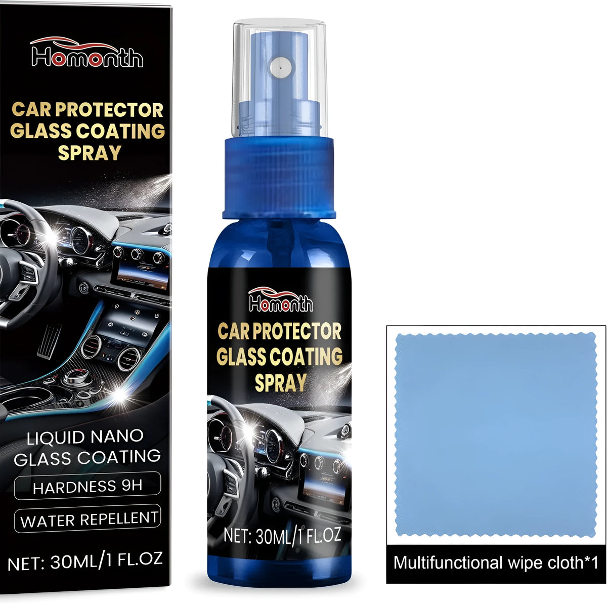 Car protector glass coating spray repair fluid 2.8x2.8x10.8cm bottle with 10x10cm cloth
