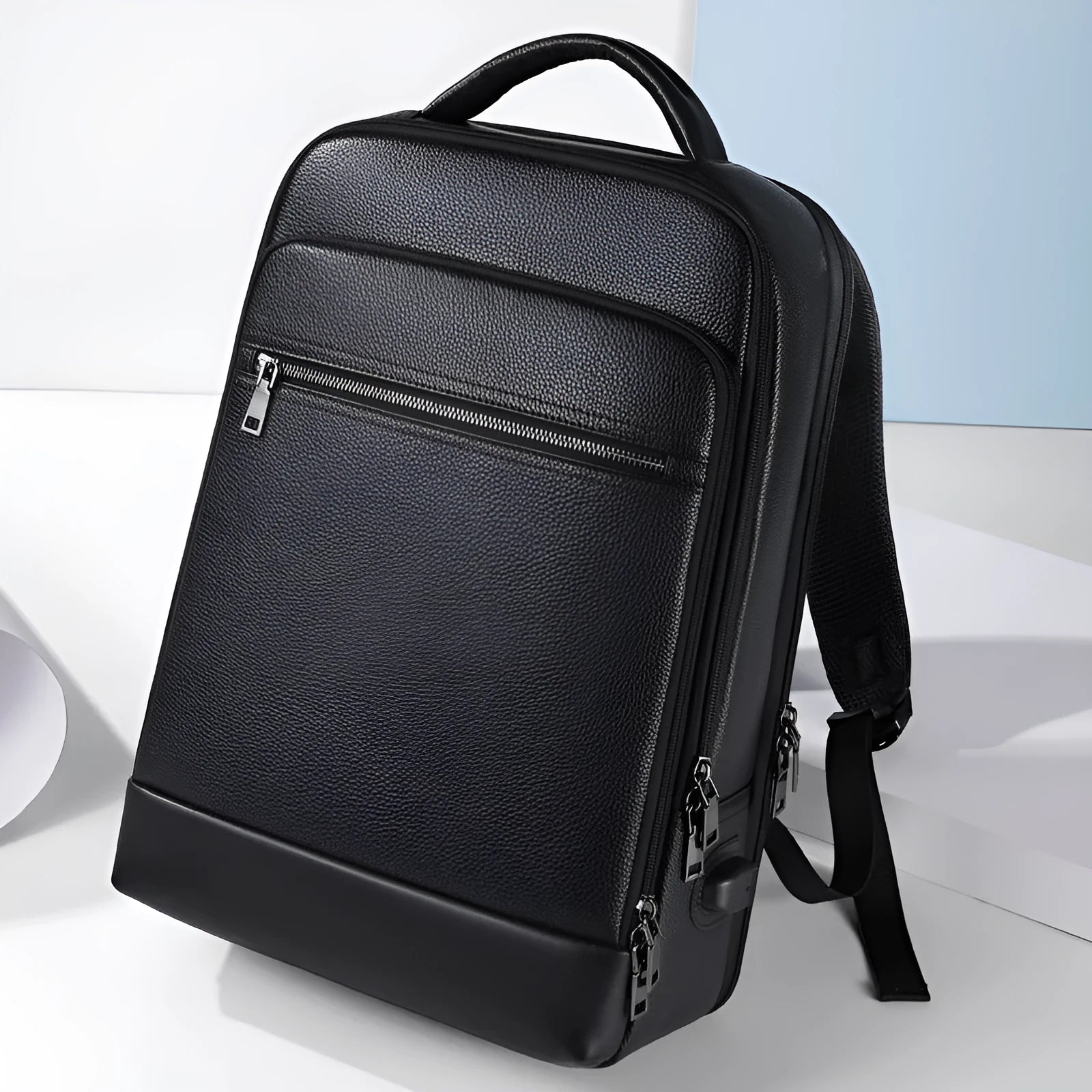 Black genuine leather men's business computer backpack with curved shoulder straps