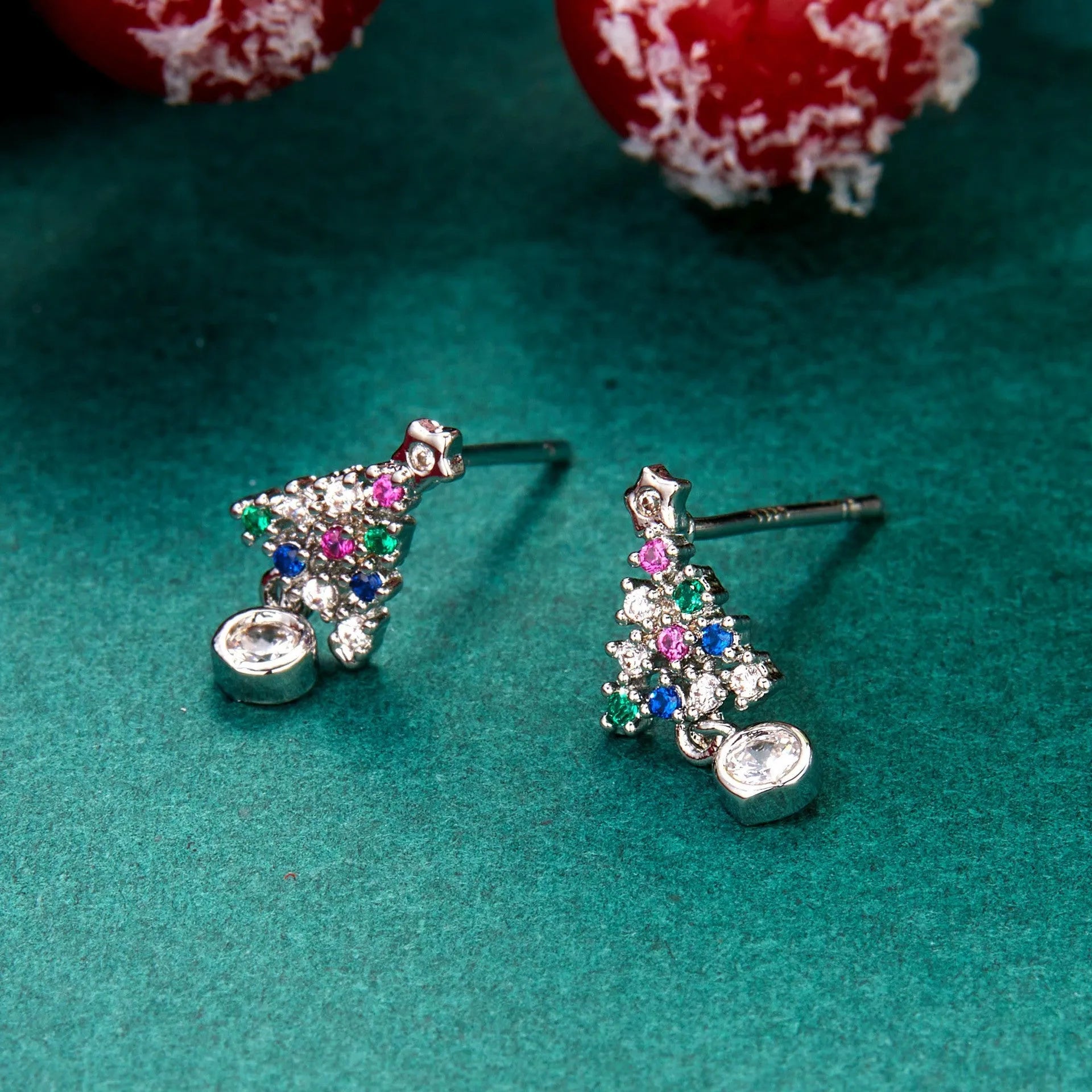 Gold electroplated Christmas tree water drop stud earrings with diamond accent Ruyi design for women