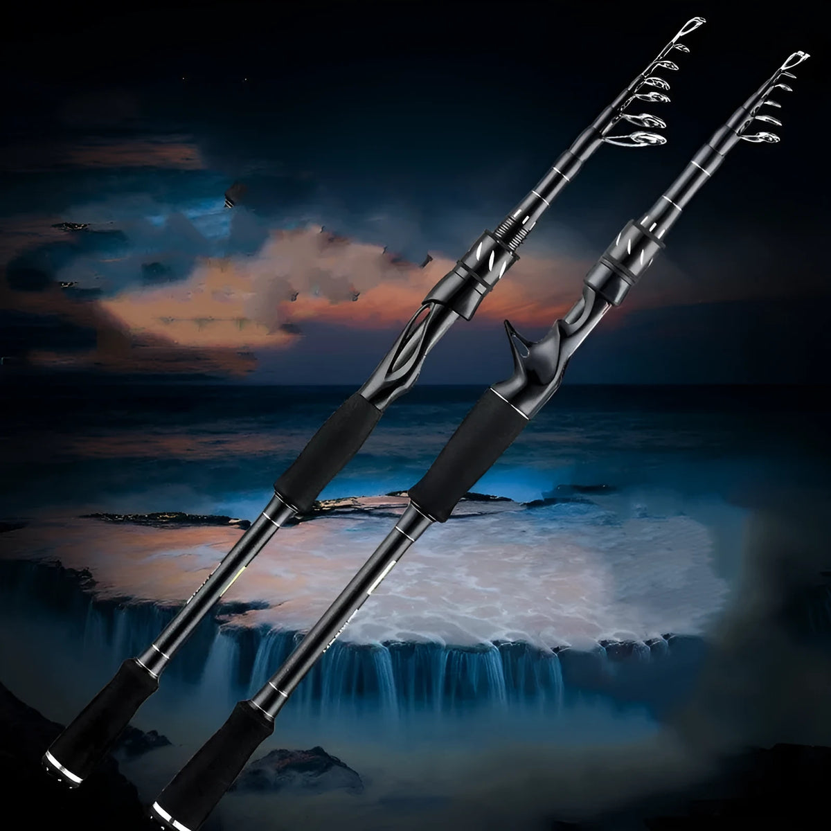 Telescopic carbon fishing rod extended on ground near water, straight handle 2.1m length visible