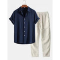 Men's casual loose-fit short sleeve shirt and trousers suit set in a linen-look fabric