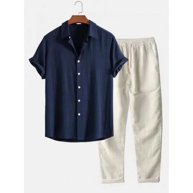 Men's casual loose-fit short sleeve shirt and trousers suit set in a linen-look fabric