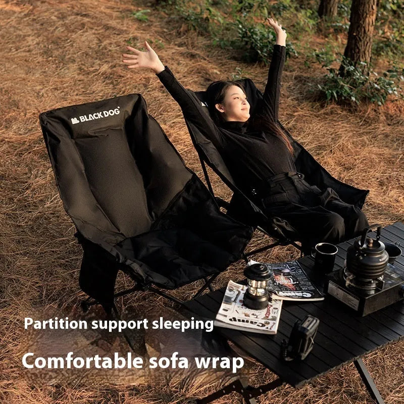 Night black Oxford cloth camping moon chair in folded position with carrying bag