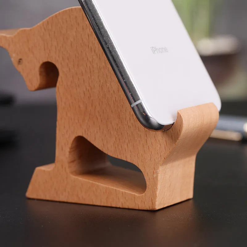 Resin and beech wood mobile phone holder with lazy bracket design in themed variations