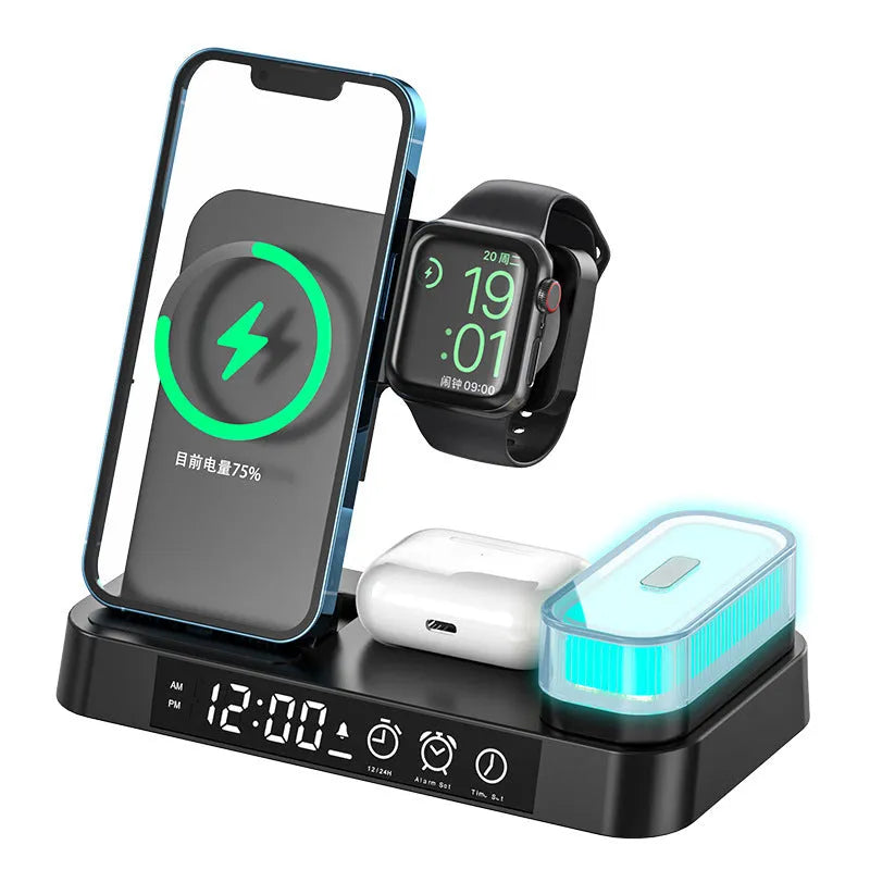 White 4-in-1 wireless charging station with foldable design showing phone charging, alarm clock display, and RGB night light