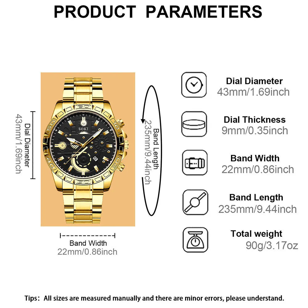 Men's gold-colour stainless steel business watch with calendar display on white dial