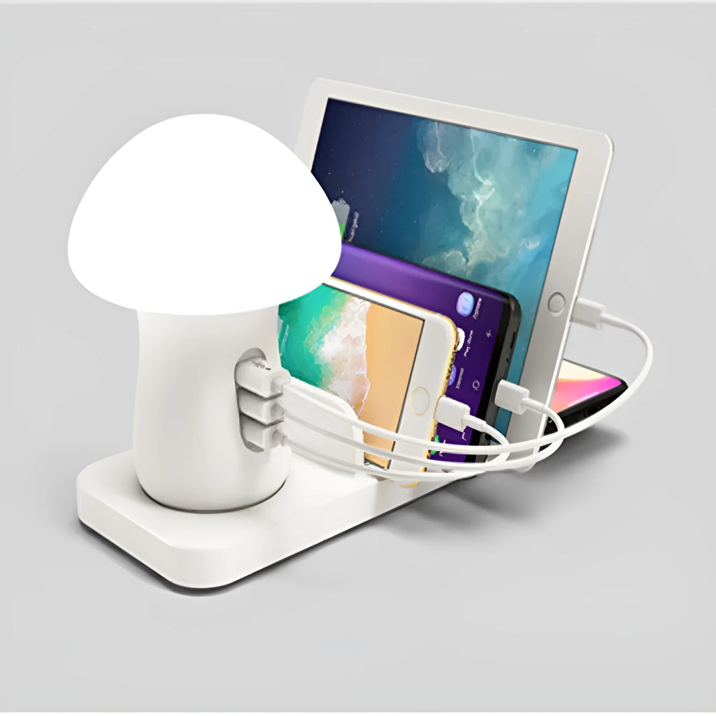White 3-port USB charger bracket with wireless charging pad and LED desk lamp, QC 3.0 fast charging base