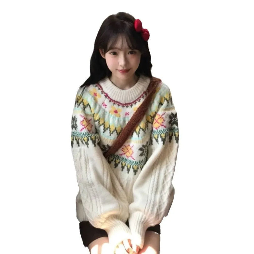 Women's milky white lantern sleeve pullover knitwear with oversized mori style