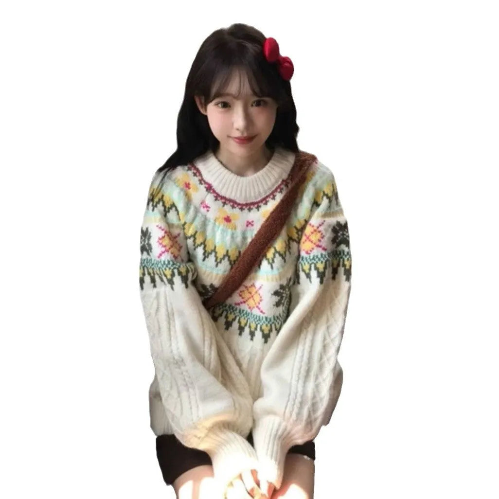 Women's milky white lantern sleeve pullover knitwear with oversized mori style