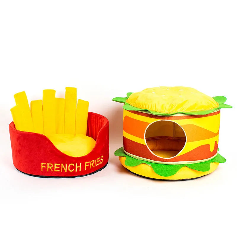 Crystal super soft velvet cat bed in French fries design with reversible cushion on white background