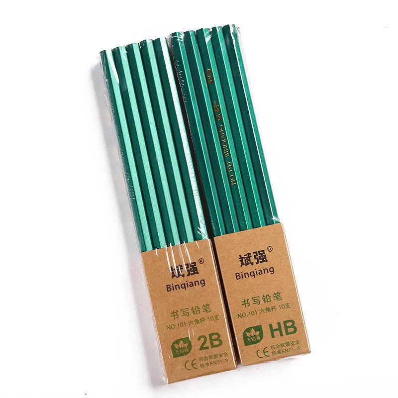 Green hexagonal wooden pencils with HB and 2B graphite grades in pack of 10