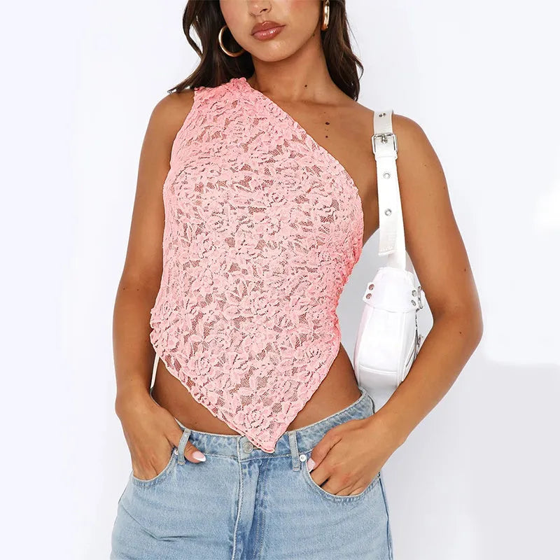 Women's apricot sleeveless vest with lace detail on back and asymmetrical neckline.