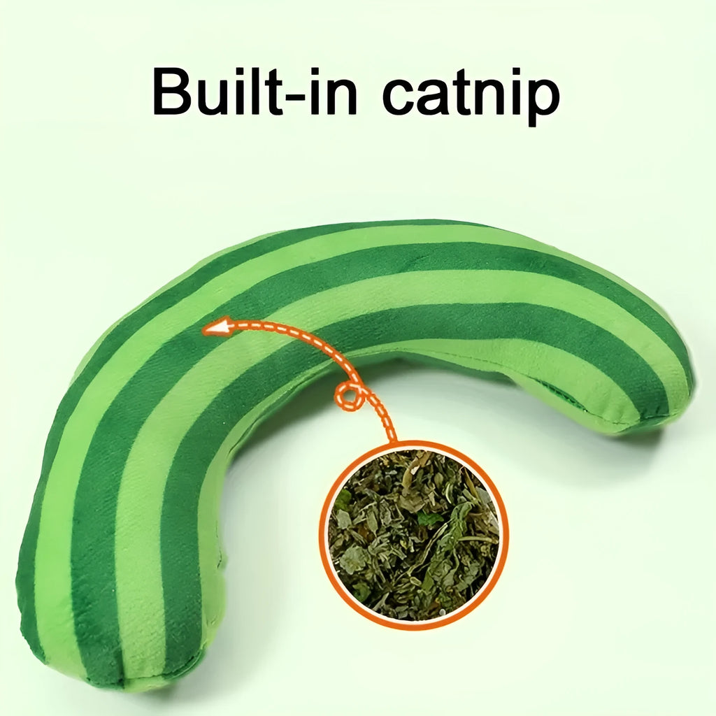 Set of cat toys including a noise maker with catnip and a green, rainbow, or yellow striped pillow.
