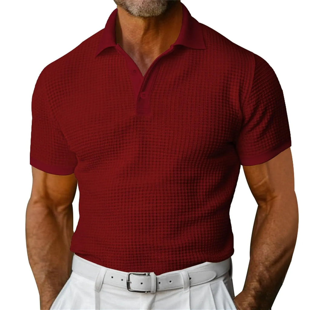 Men's waffle short sleeve polo shirt in cotton, slim fit jacquard lapel top, available in five colours.