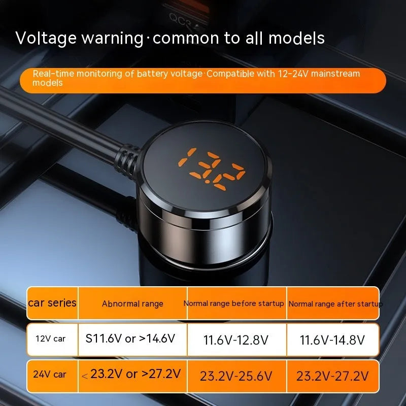 Black vehicle cigarette lighter USB charger with multiple ports showing dimensions 116x71x33mm