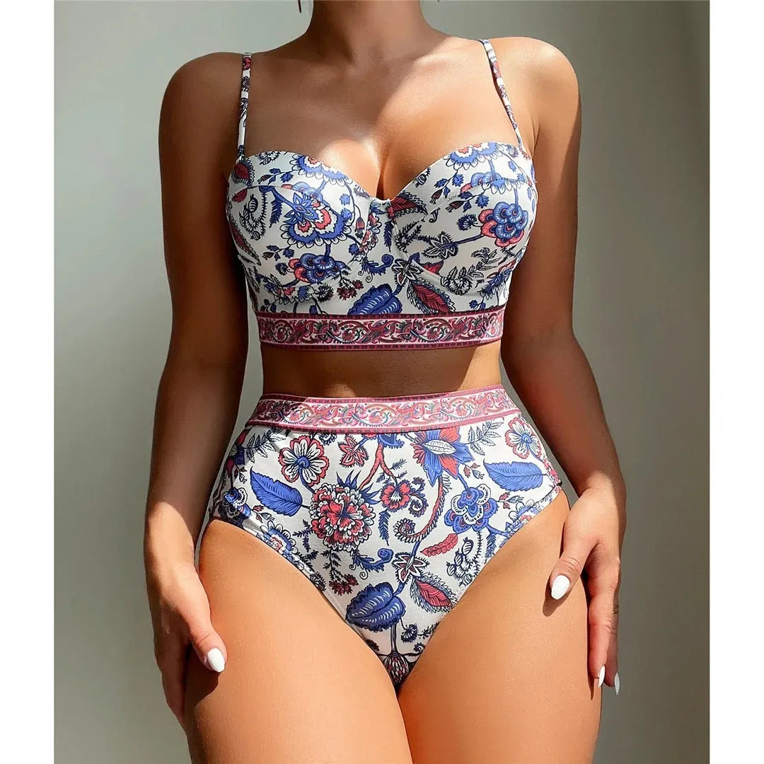 Blue women's high waist push-up bikini swimsuit made from polyester fabric