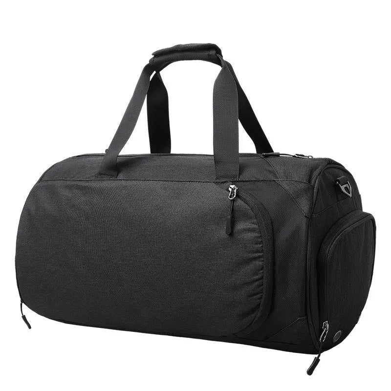 Medium-sized light grey Oxford cloth travel duffel bag with a strap, shown with internal organiser pockets open.