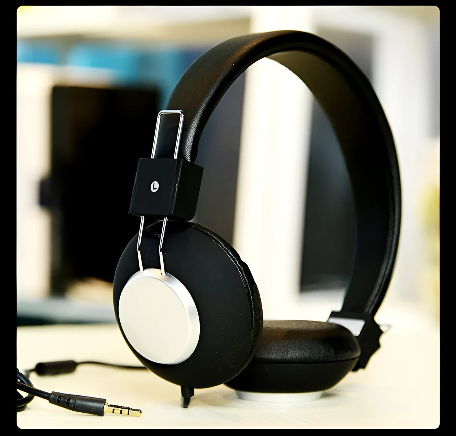 Wired over-ear sports headphones in six colour options, showing the headband and built-in microphone.