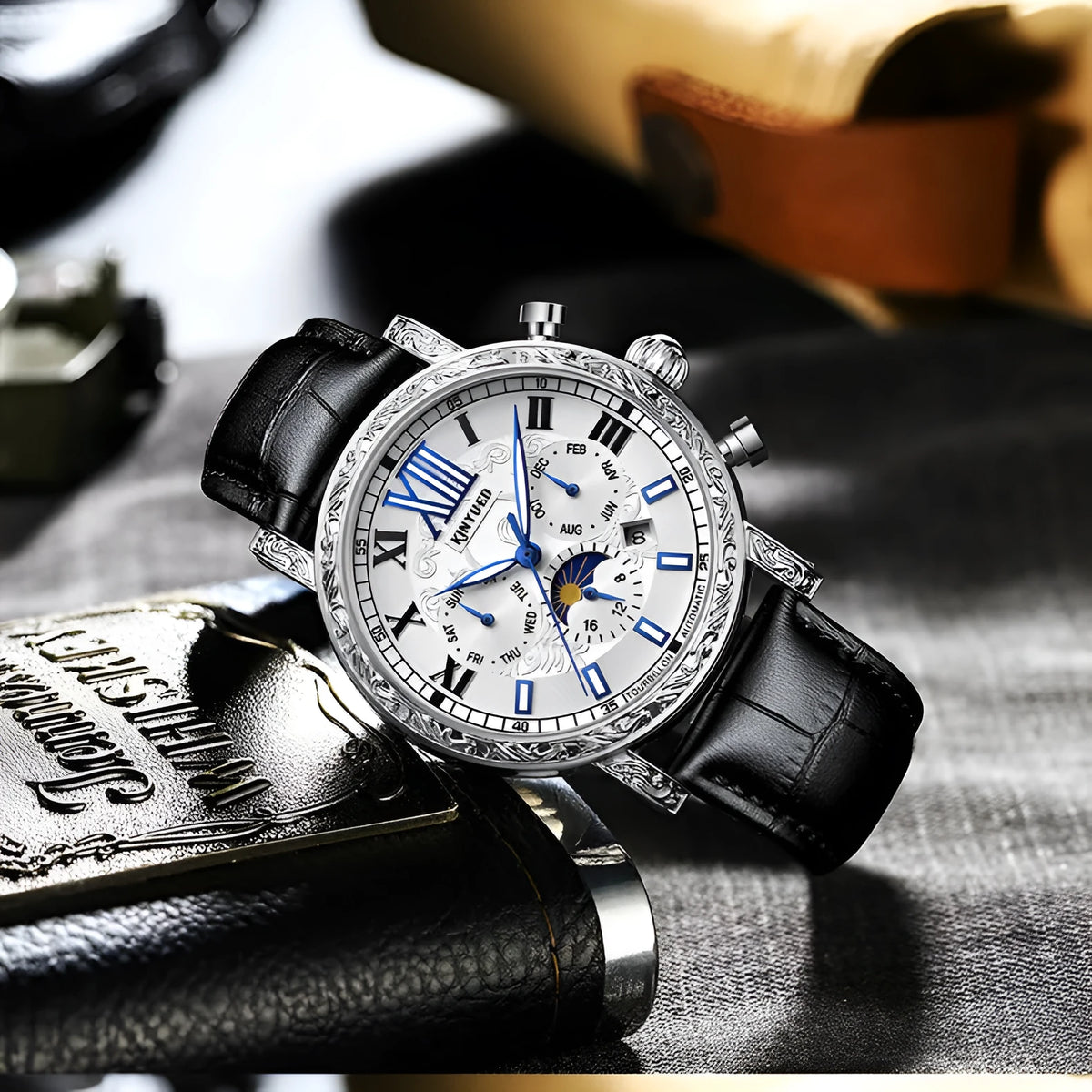 Hollow flywheel fully automatic mechanical watch for men with night glow, 42mm dial, genuine leather strap, lunar phase and calendar