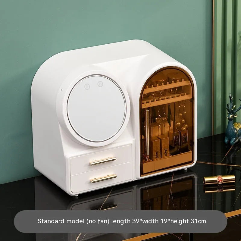 Plastic cosmetics storage rack with LED makeup mirror and soft wind fan, 35L capacity, milky white light pink or dark green