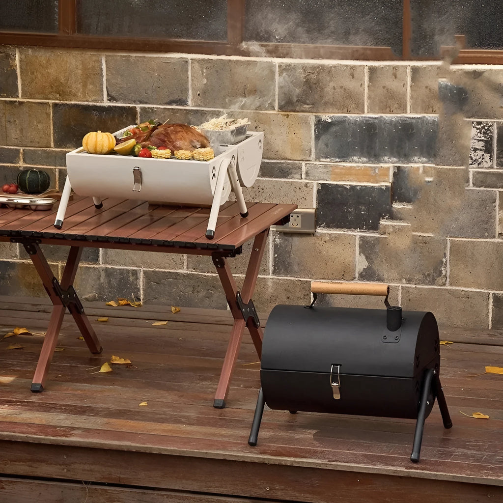 White round chimney portable charcoal grill with frying and baking capabilities