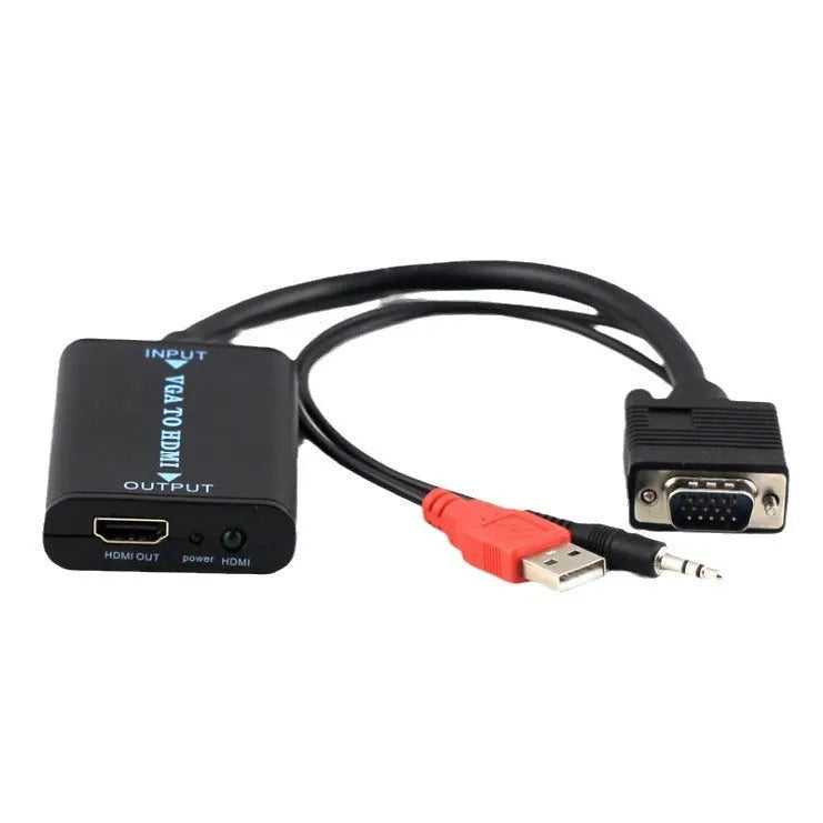 Black VGA to HDMI converter with USB power cable and 3.5mm audio input port