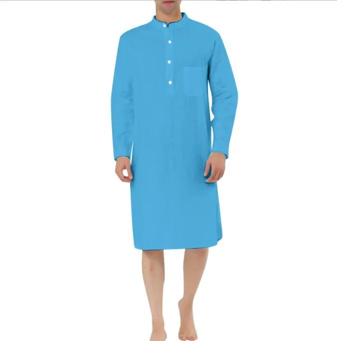 Men's cotton shirt robe in various colours showing shirt collar, front button opening, and pockets