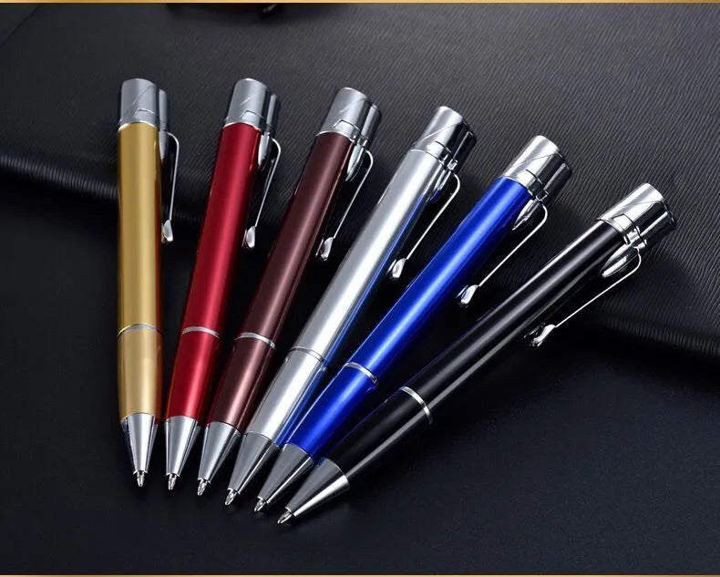 Slim metal windproof jet lighter pen in assorted colours showing refillable butane port and ignition button.