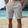 Men's solid colour casual trousers in a cotton and linen blend fabric with a button fly opening