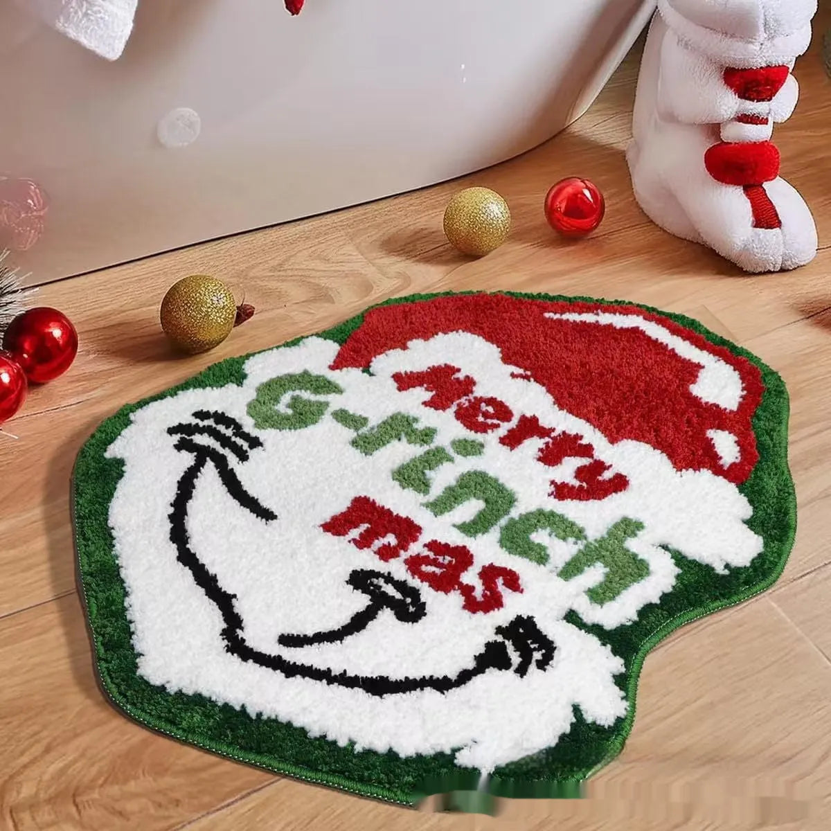 Square Christmas-themed polyester hallway mat with festive print and non-slip backing.