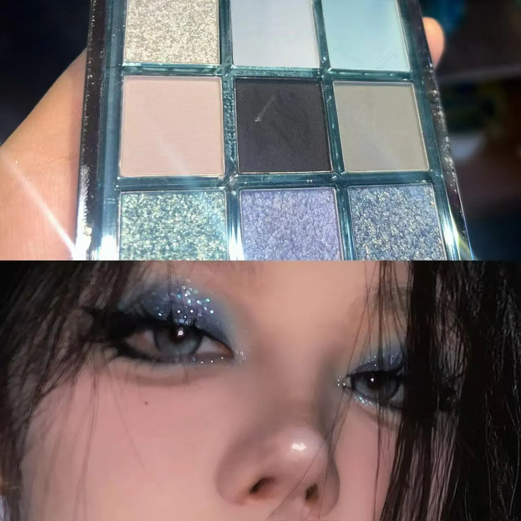 MUGELEEN nine-colour eye shadow palette 08 showing blue smoked matte shimmer shades