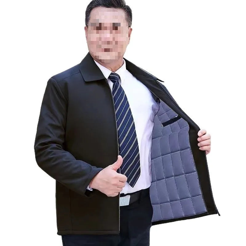 Men's padded thick nylon coat in black with zipper and button closure, front view, on white background