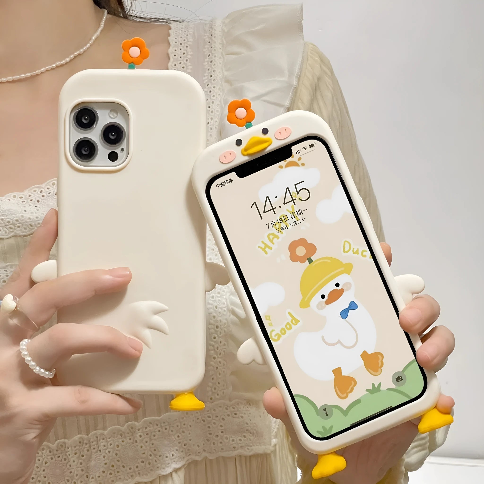 Creative stereo cute flower duck silicone phone case in Cute Duck colour for iPhone and Huawei models
