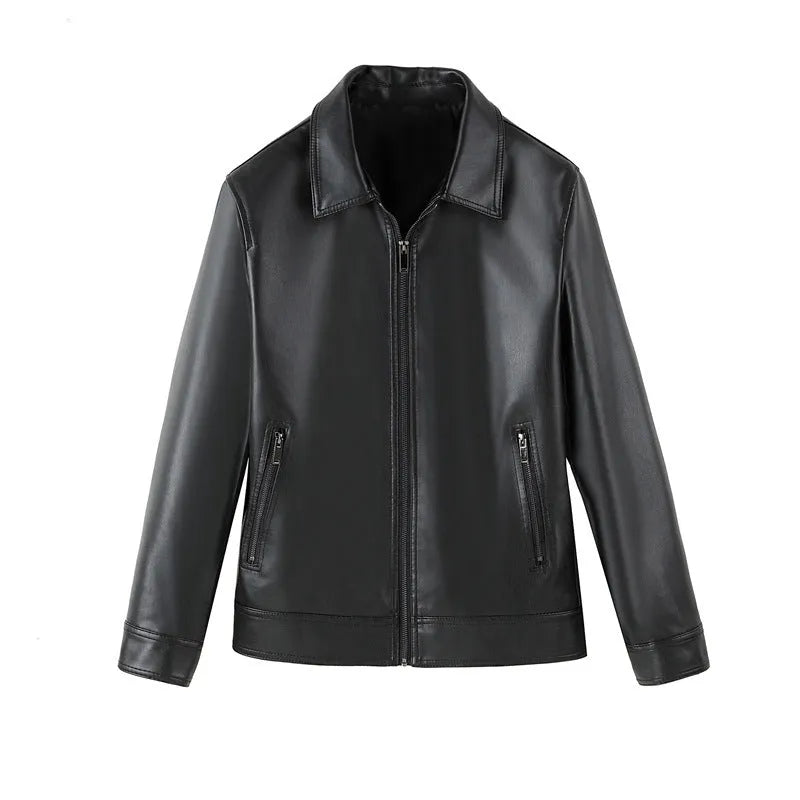 Men's black PU leather jacket with zippered pockets and loose fit design