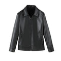 Men's black PU leather jacket with zippered pockets and loose fit design