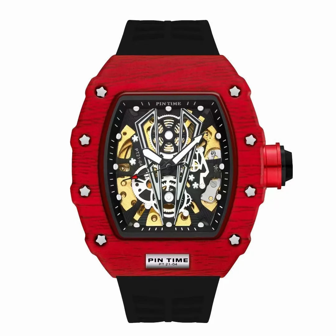 Automatic mechanical men's watch with calendar, 37mm dial, silicone strap, and stainless steel buckle
