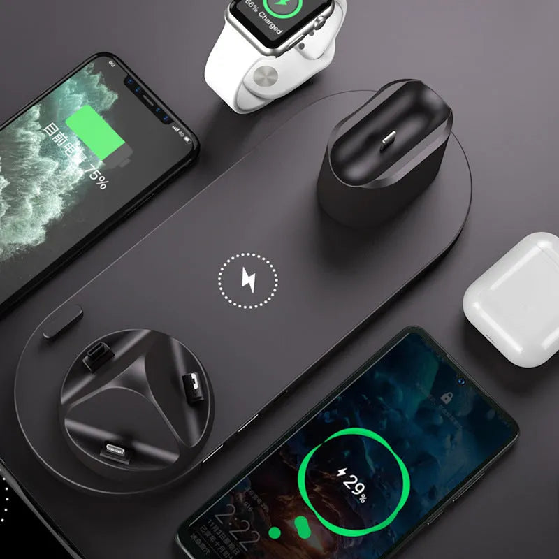 6-in-1 wireless charging dock station for iPhone and watch in Black with USB interface