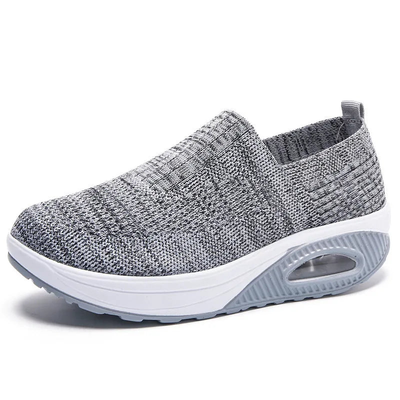 Women's air cushion sports shoe with flying woven mesh upper, non-slip EVA sole and 3-5cm mid heel