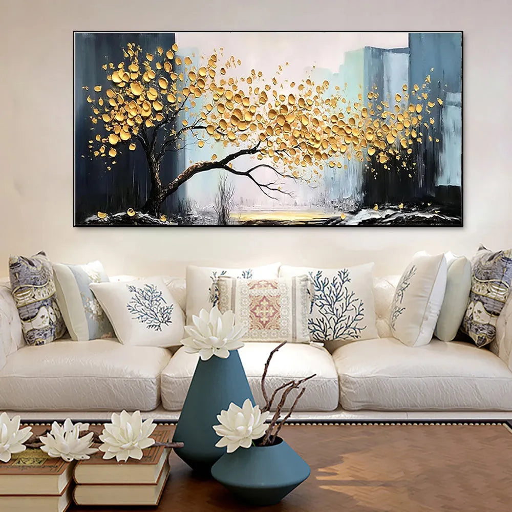 Large handmade oil painting on canvas of a golden tree still life, unframed horizontal single panel for modern wall decor