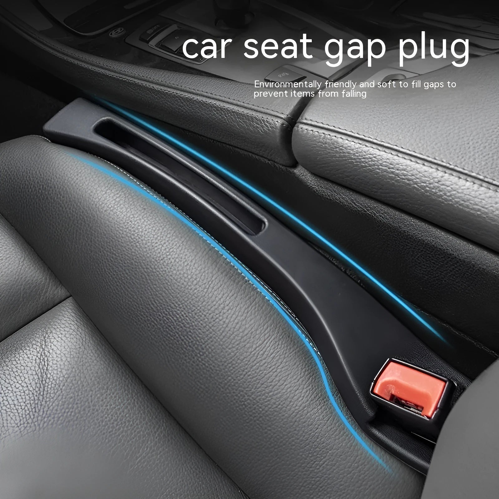 Black plastic car seat gap storage box organiser with handle between vehicle seats