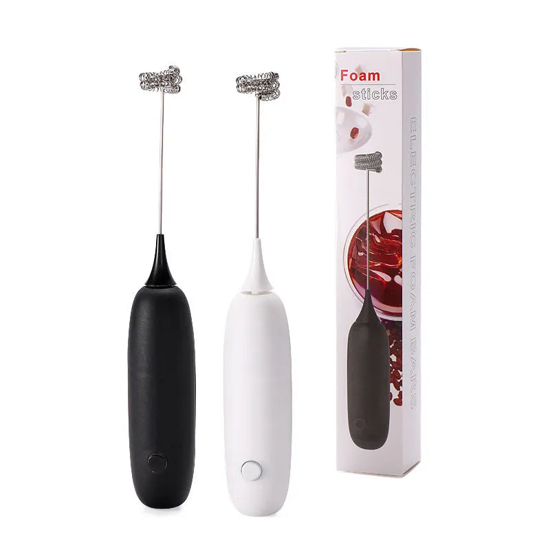 Black and white hand-held electric milk frother blender with modern design