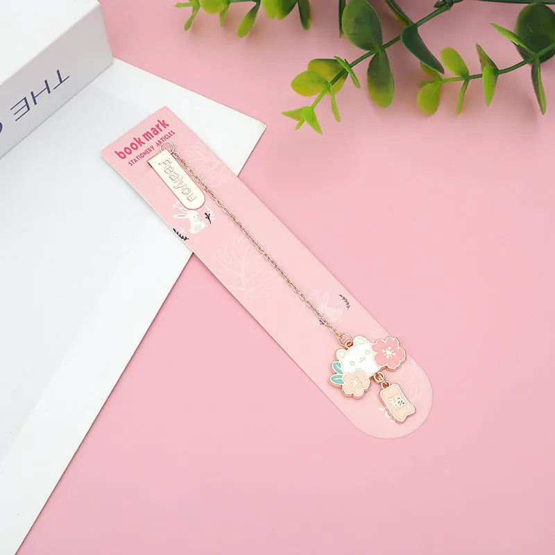Metal pendant bookmark with cherry blossom cartoon cat design for books and journals