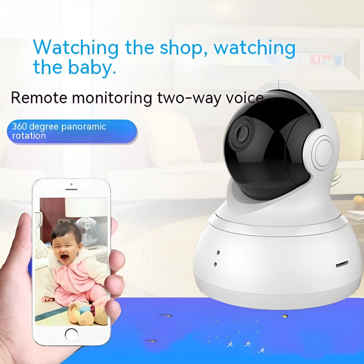 White HD night vision 360-degree indoor surveillance camera with wall mount and cables
