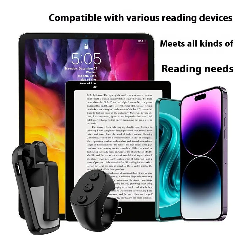 Smart wireless page turner remote control and finger clicker for e-readers in black, white, or pink.
